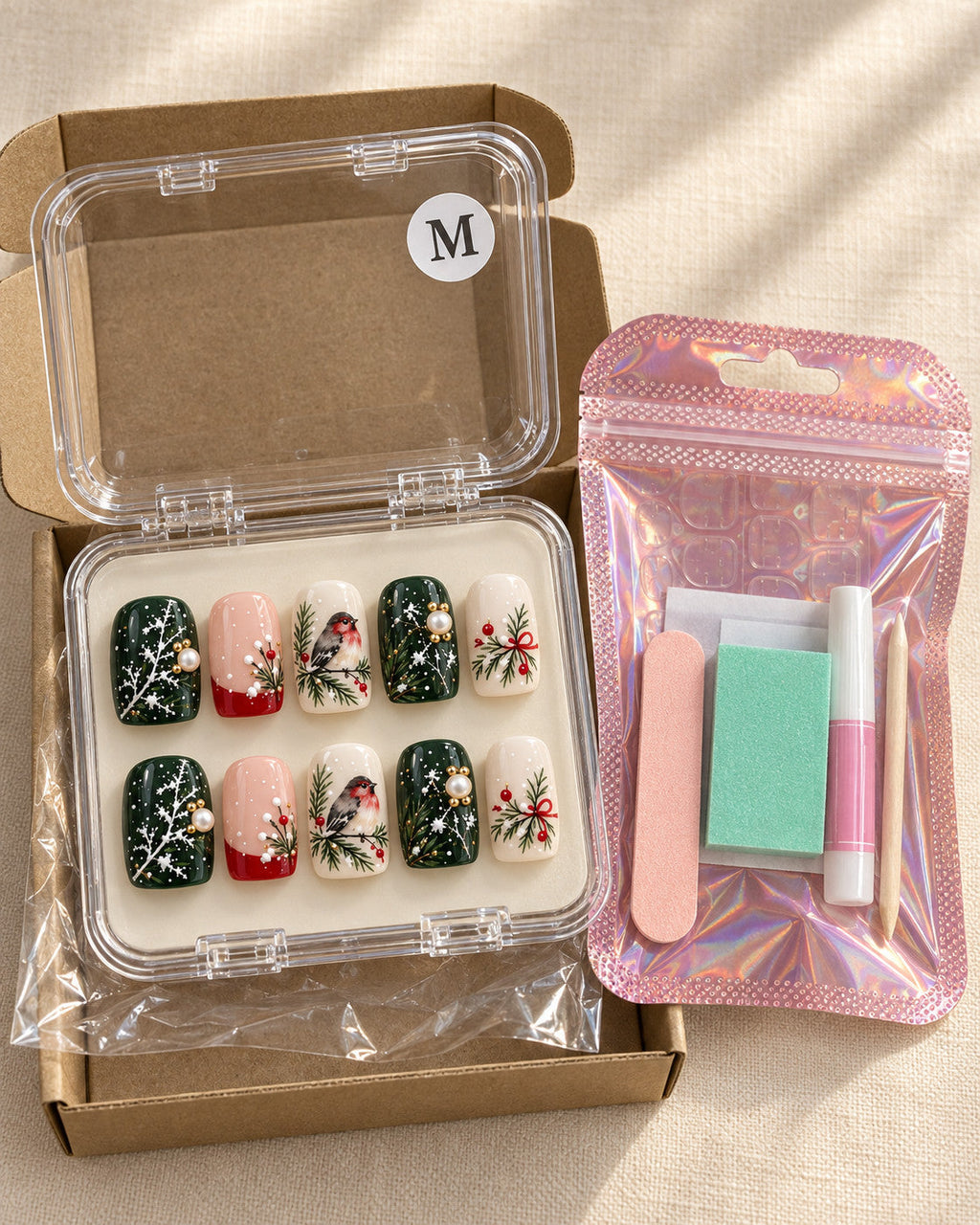Winter Finch press-on nails in a gift box