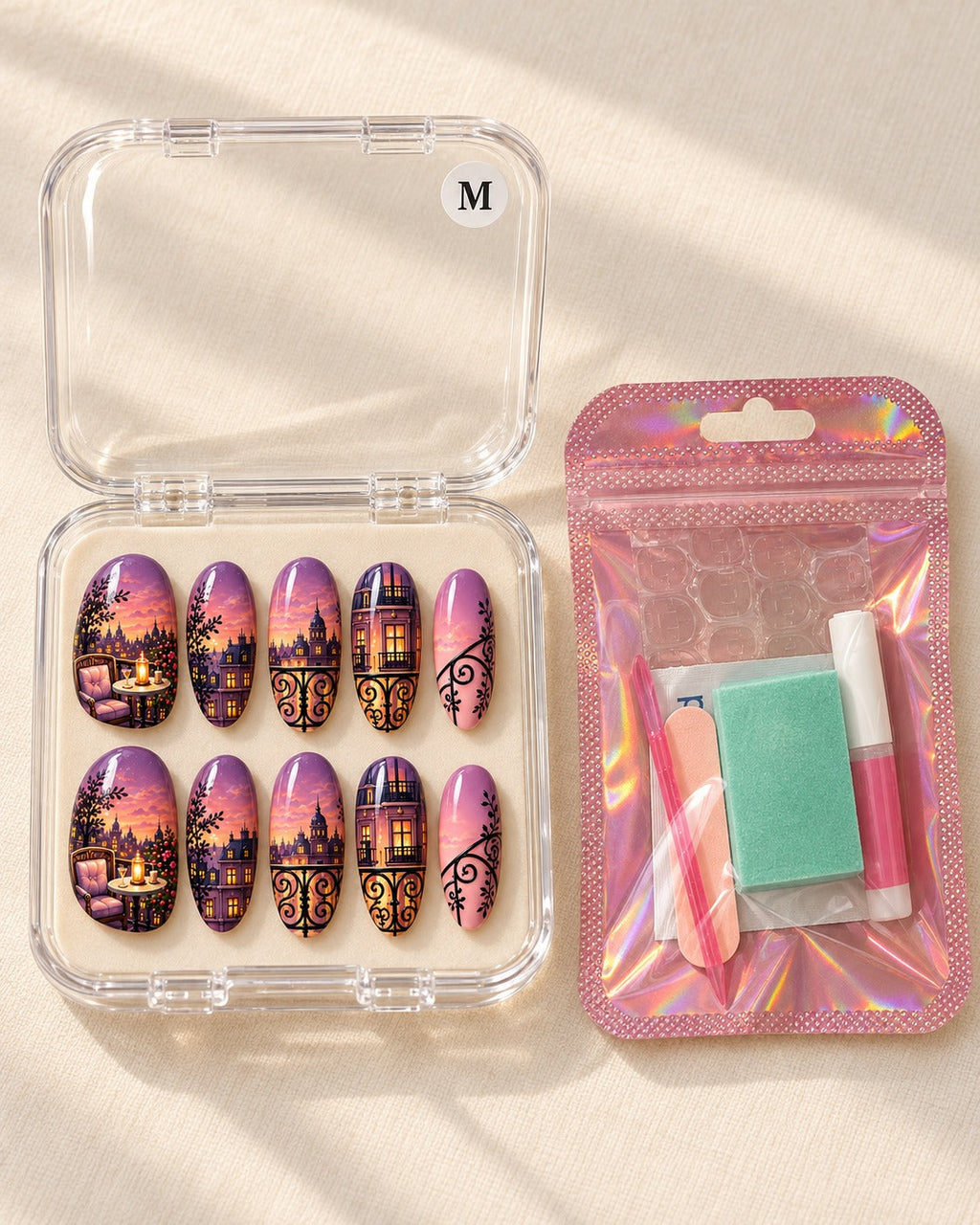 Balcony Hour hand-painted press-on nails — packaging preview