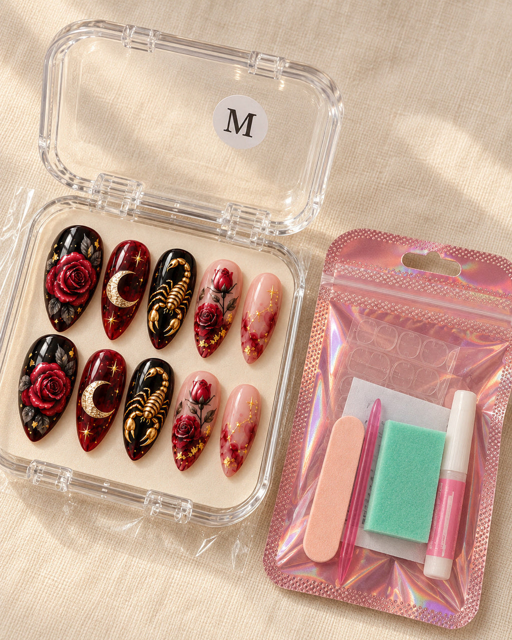 Scorpio Velvet Sting nails in a clear size-labeled case with application kit