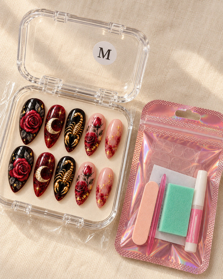Scorpio Velvet Sting nails in a clear size-labeled case with application kit