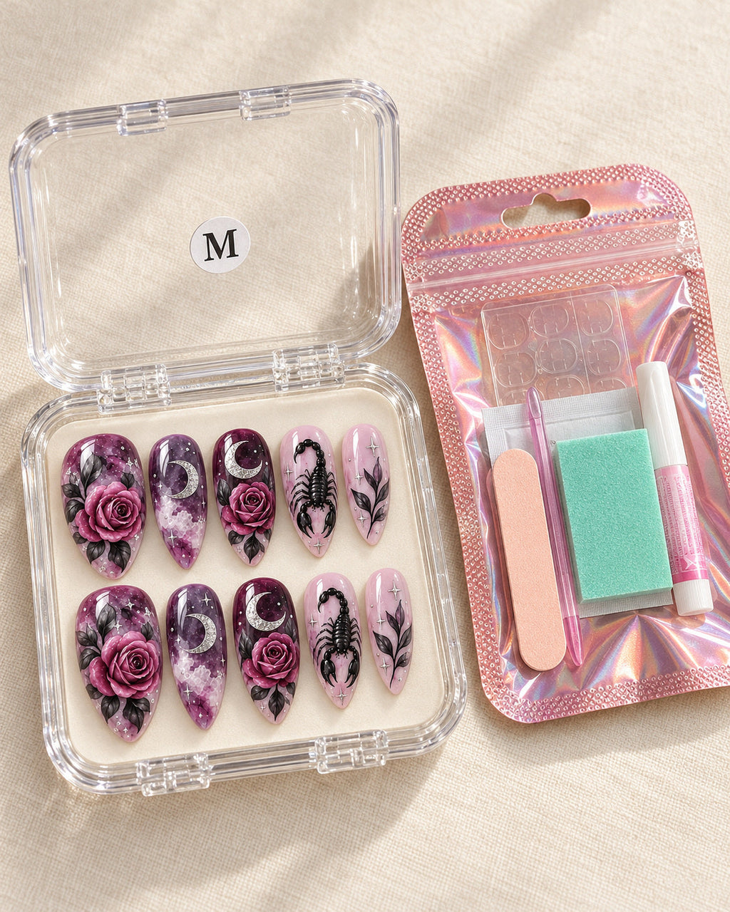 Scorpio Lunar Bloom nails in a clear size-labeled case with application kit