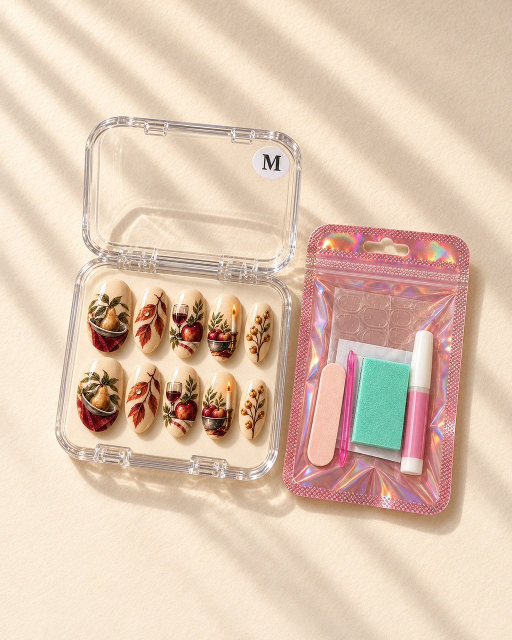 Supper Glow ten-nail set in a clear case beside application kit, design preview