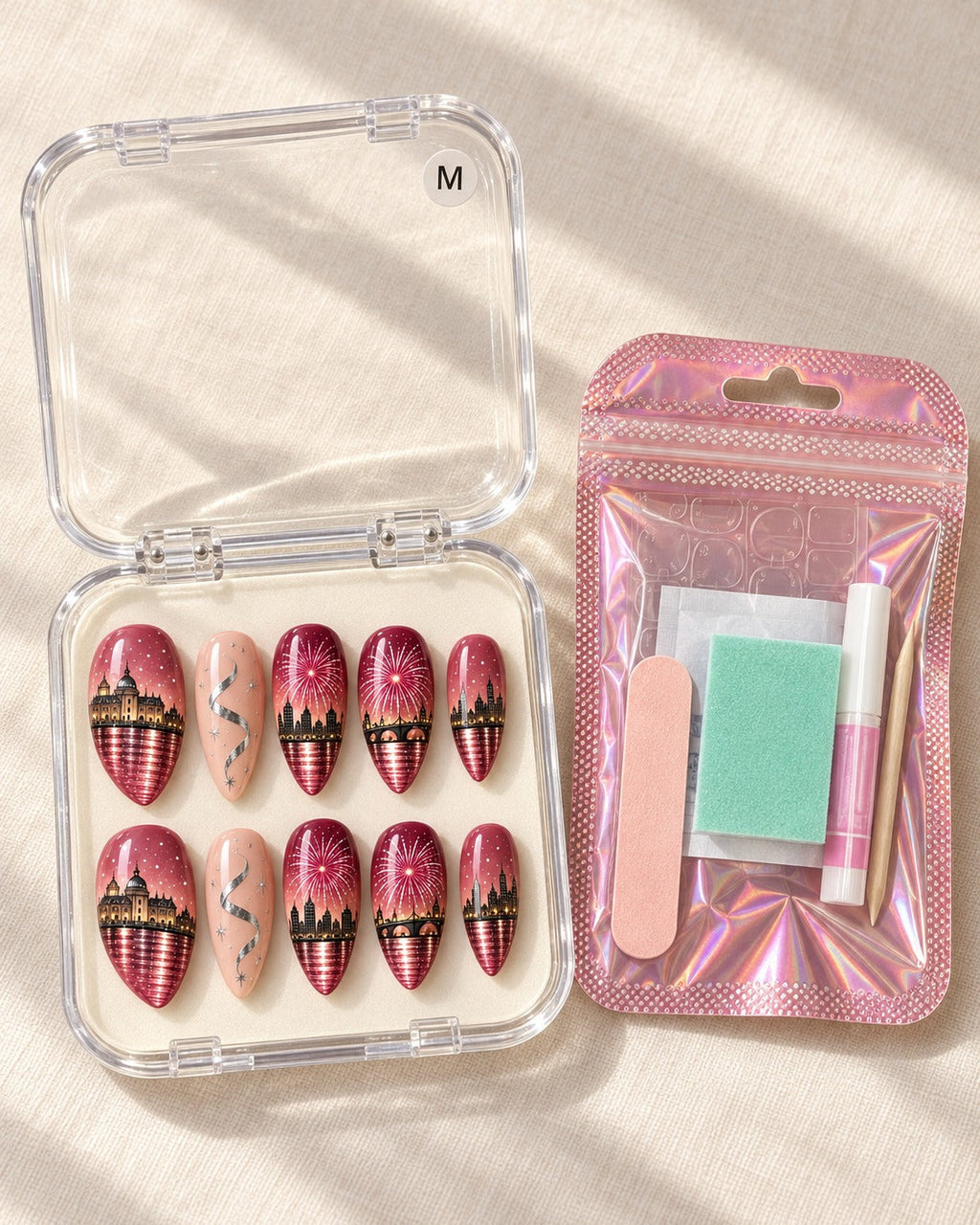 Rose Afterglow hand-painted press-on nails — packaging with nail set