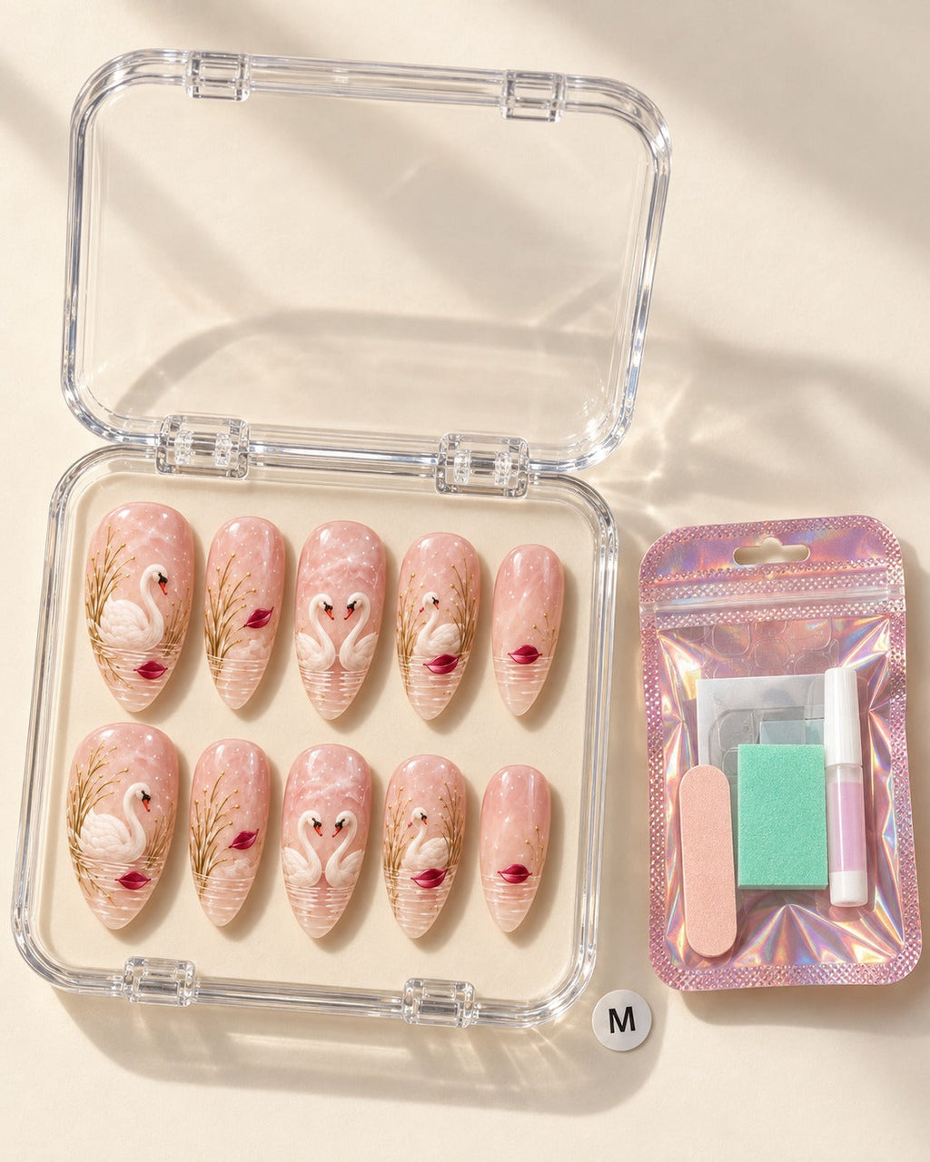 Winter Swans hand-painted press-on nails — packaging with nail set