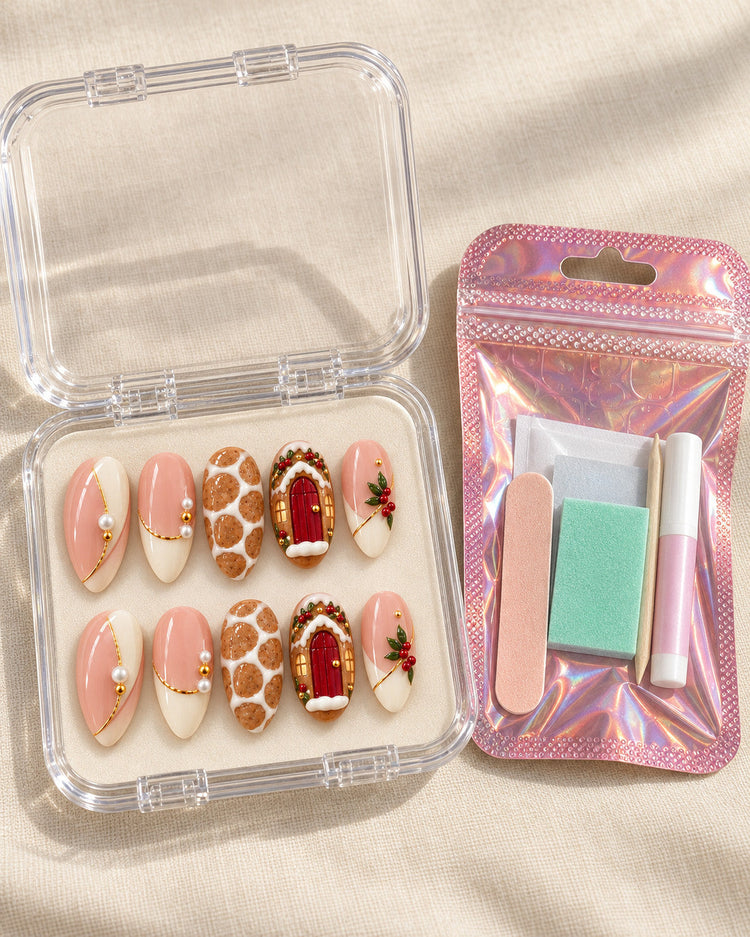 Iced Cobblestone hand-painted press-on nails — in clear case beside application kit. Design preview.