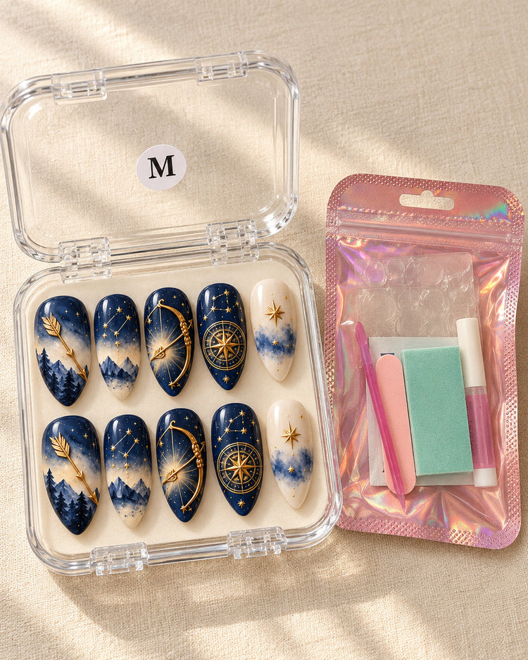 Sagittarius Midnight Archer nails in a clear size-labeled case with application kit