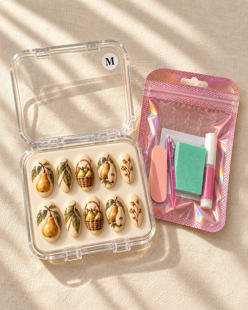 Pear Reverie hand-painted press-on nails — packaging preview
