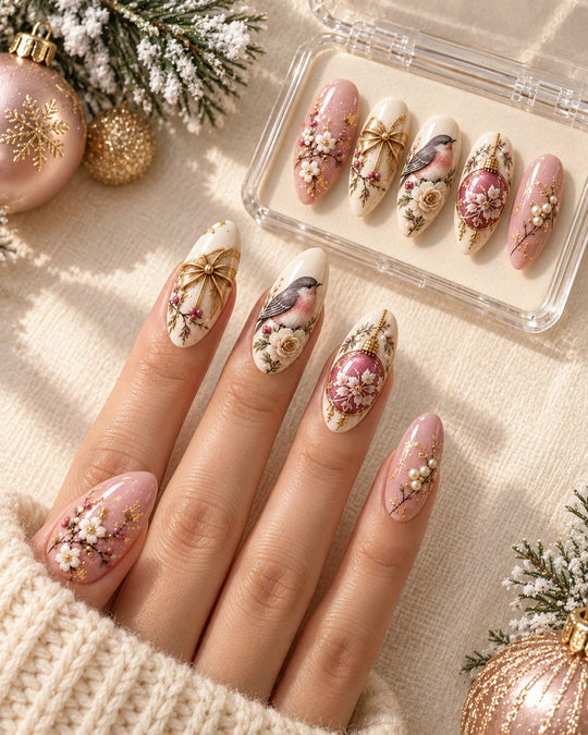 Mauve Serenade Christmas hand-painted press-on nails lifestyle scene