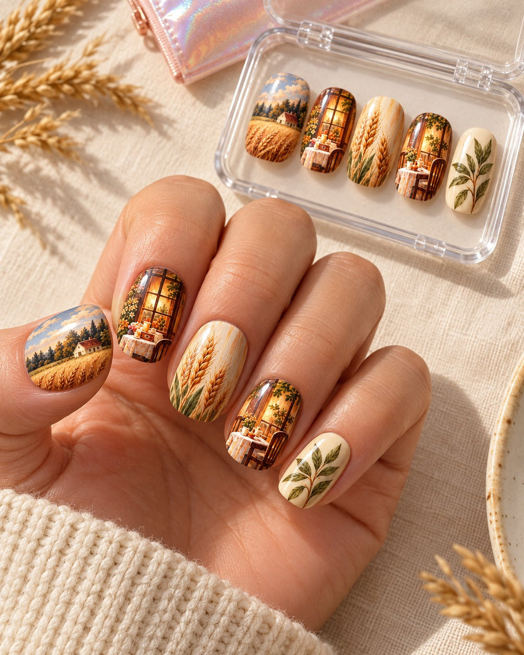 Supper Window hand-painted press-on nails — lifestyle scene