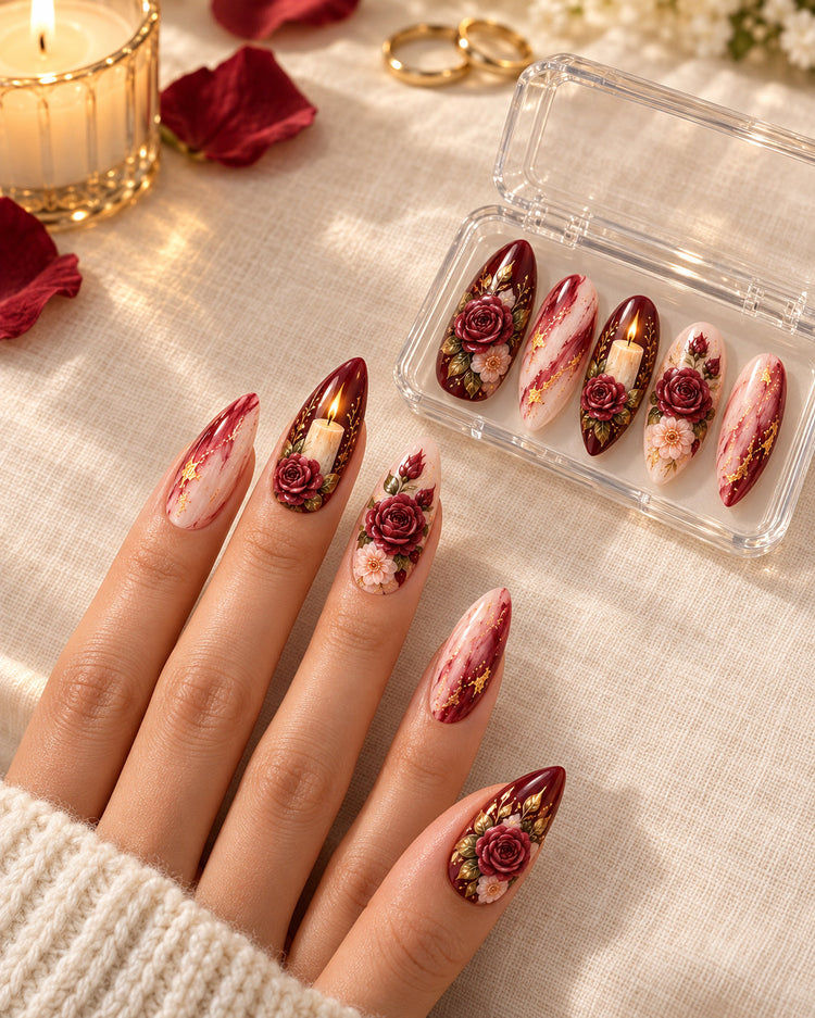 Candlelit Promise hand-painted press-on nails — bridal lifestyle scene. Design preview.
