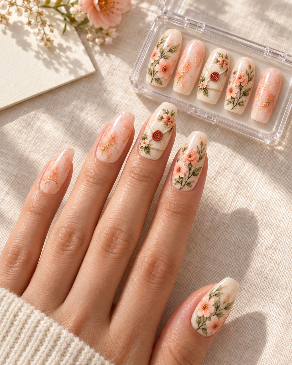 Sealed Romance bridal lifestyle scene showing nails and clear case. Design preview.