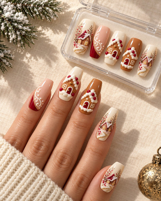 Gingerbread Village I Christmas styling with hand-painted nail set