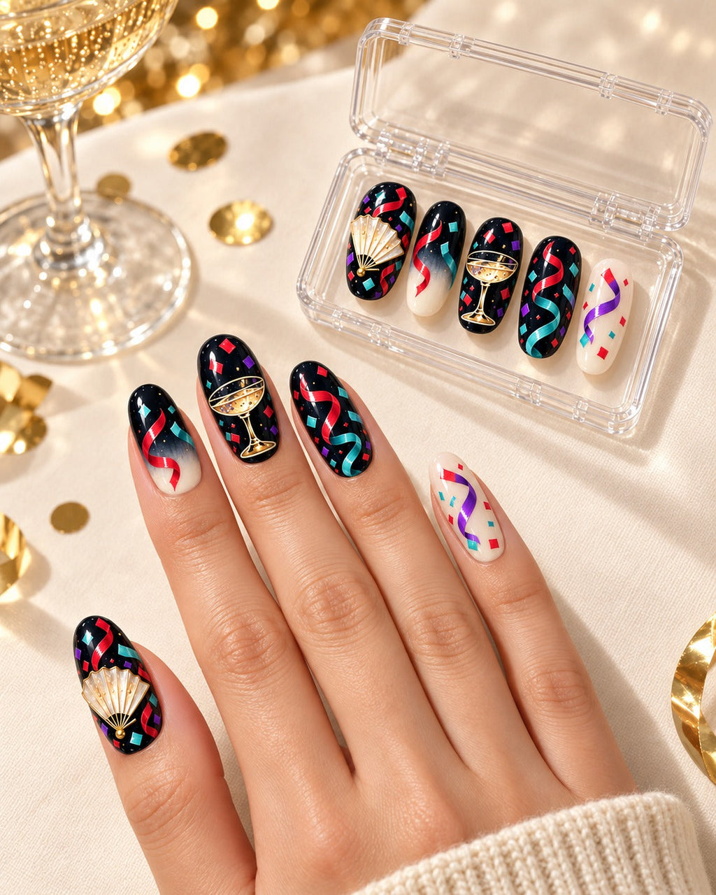 Confetti Nocturne hand-painted press-on nails — lifestyle preview