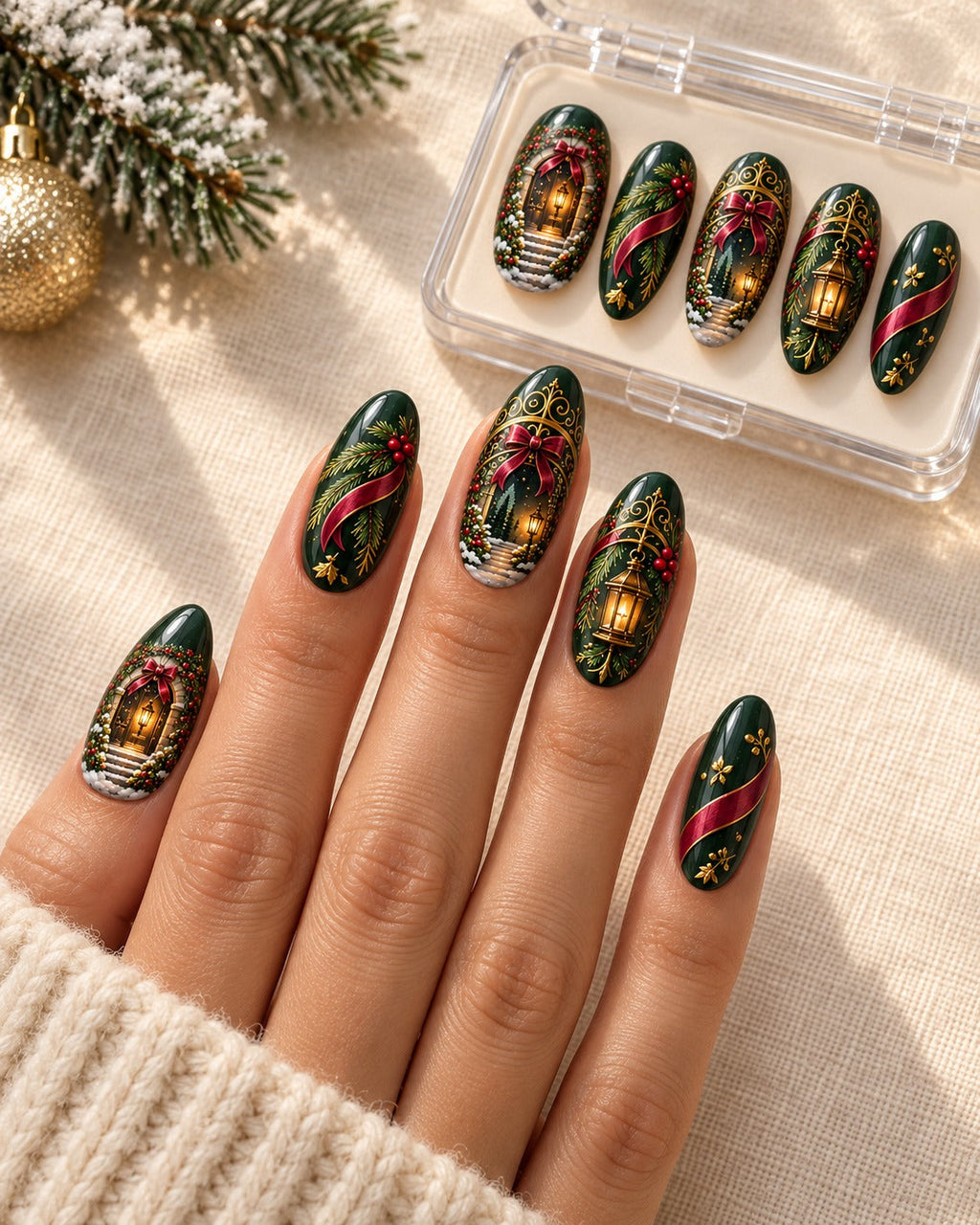 Gilded Evergreen Arch hand-painted press-on nails worn on a hand, design preview