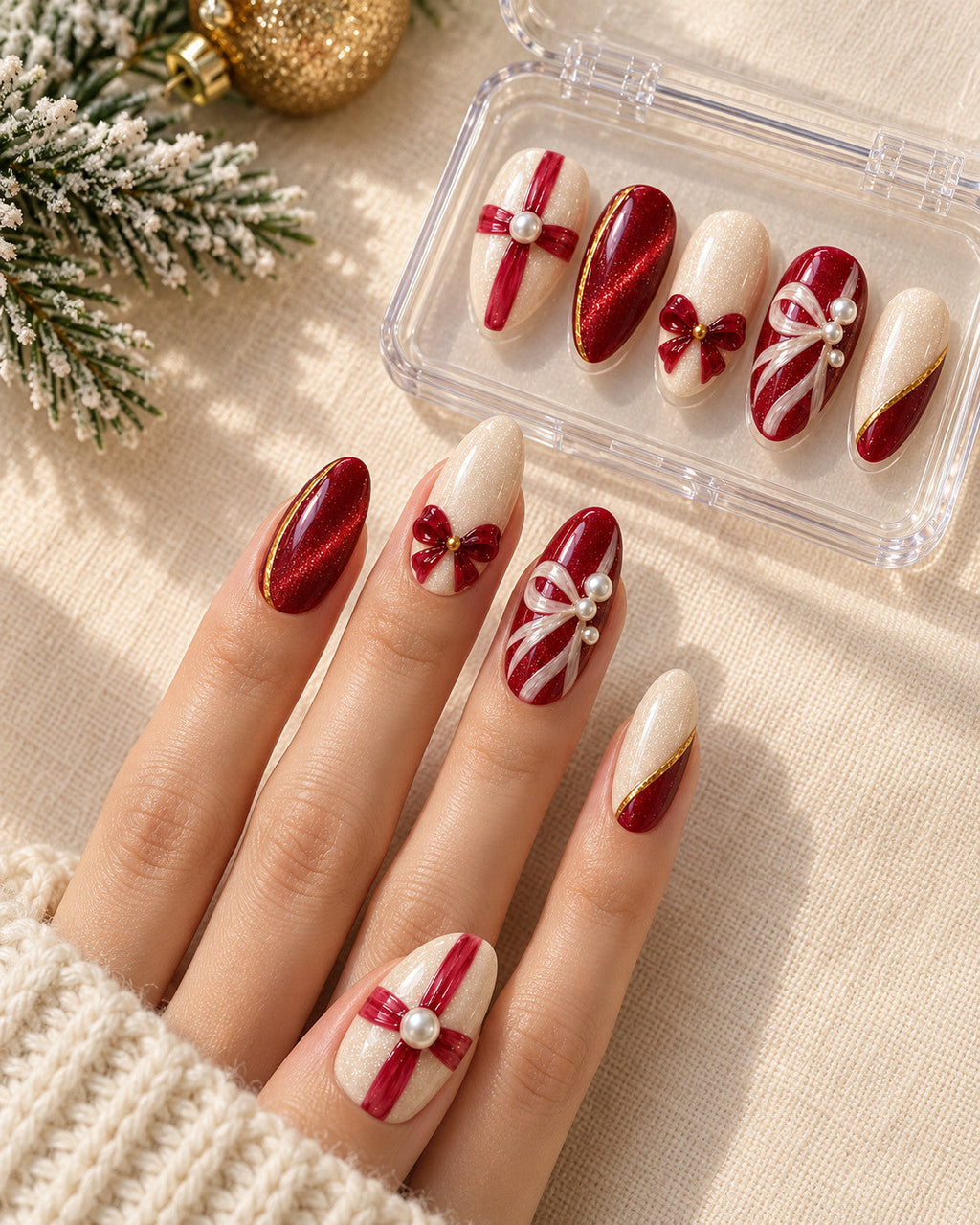 Giftwrap Crossing hand-painted press-on nails — holiday lifestyle scene. Design preview.