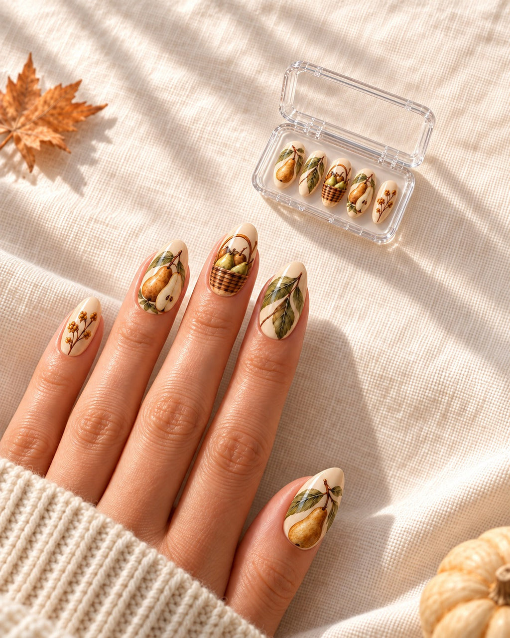 Pear Reverie hand-painted press-on nails — lifestyle preview
