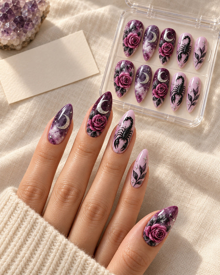 Scorpio Lunar Bloom nails styled for a birthday gift