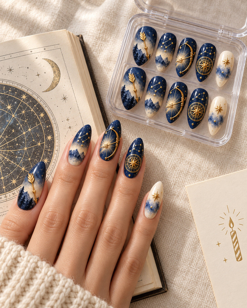 Sagittarius Midnight Archer nails styled for a birthday gift