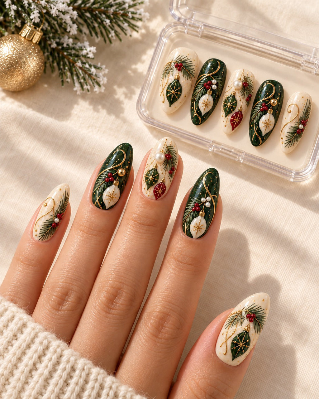 Heirloom Scrollwork hand-painted press-on nails — lifestyle scene