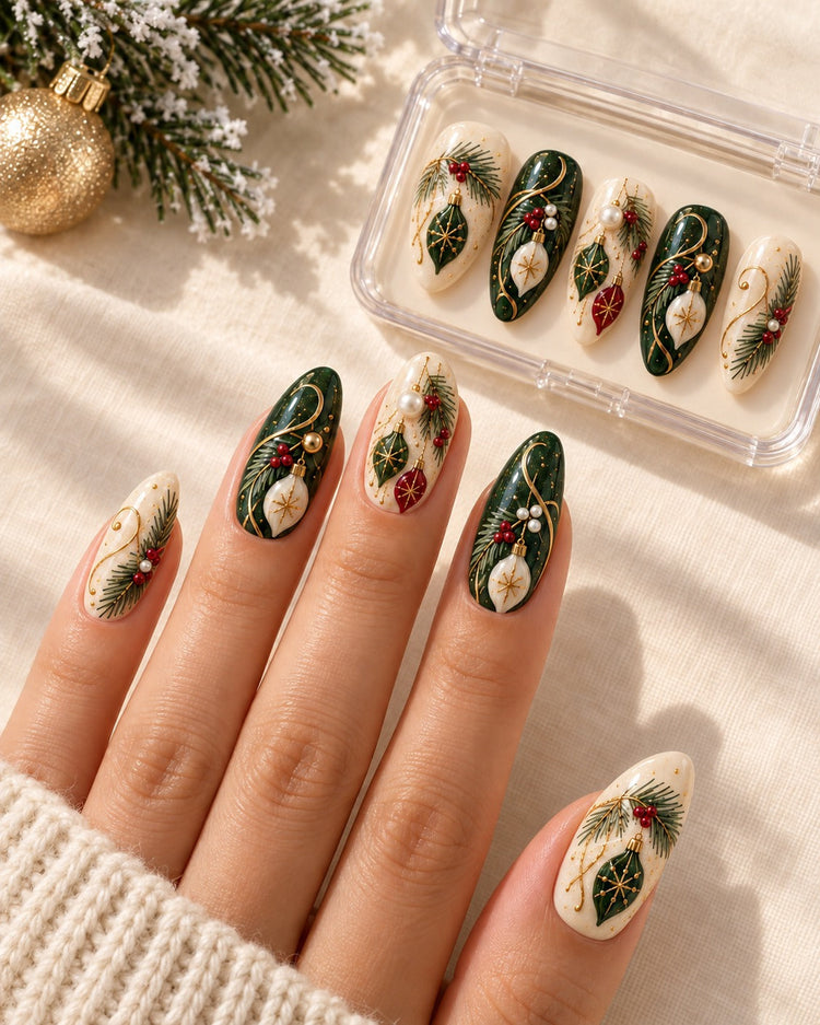 Heirloom Scrollwork hand-painted press-on nails — lifestyle scene