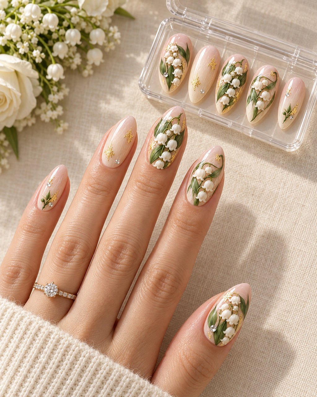 Lily Reverie hand-painted press-on nails — bridal lifestyle scene. Design preview.