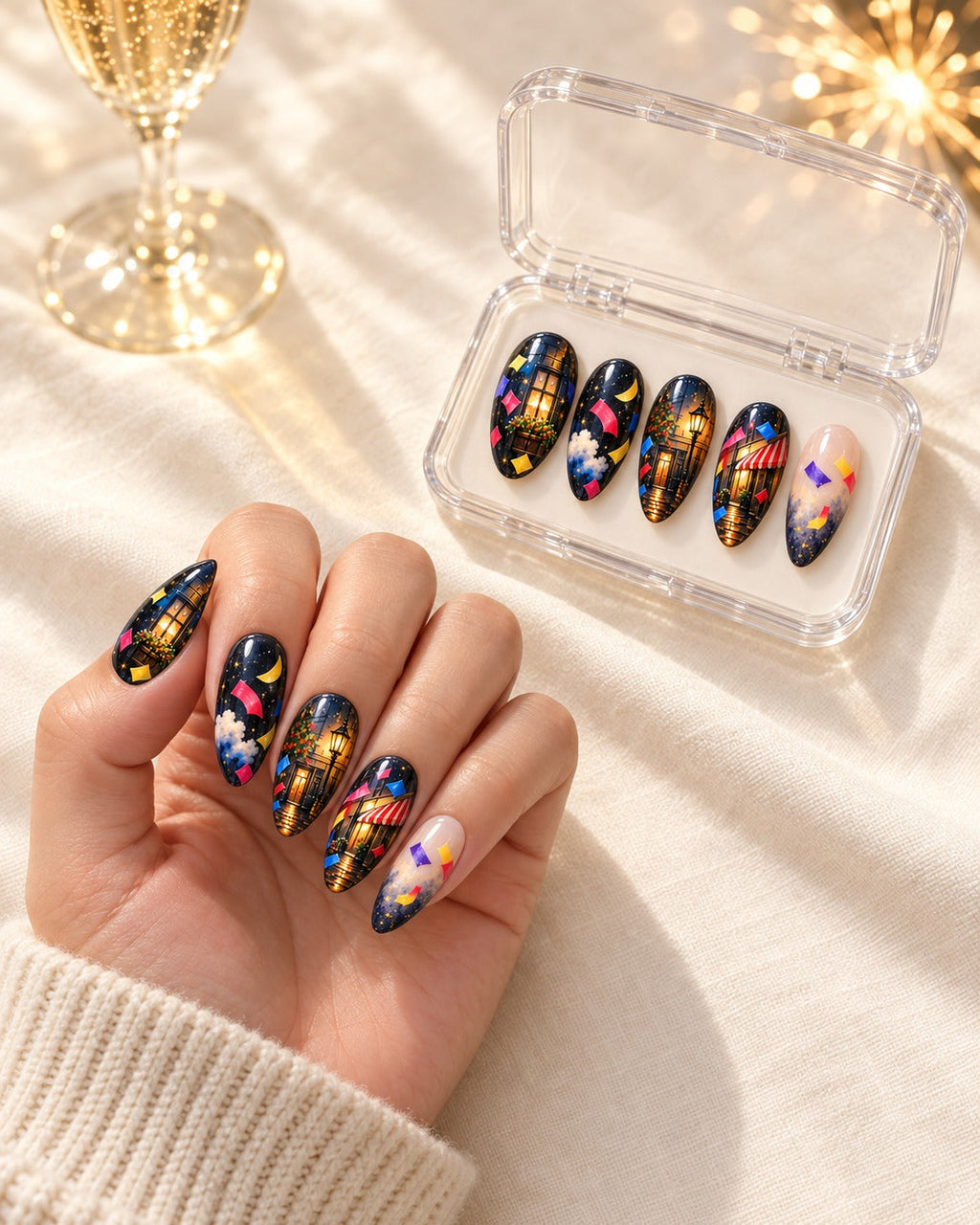 Confetti Avenue hand-painted press-on nails — lifestyle scene