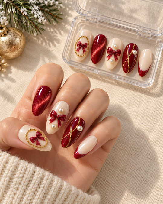 Golden Cameo hand-painted press-on nails — holiday lifestyle scene. Design preview.