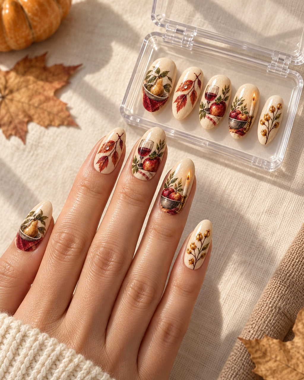 Supper Glow hand-painted press-on nails worn on a hand, design preview