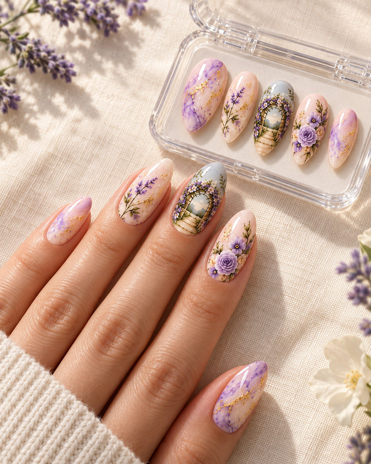 Garden Vows hand-painted press-on nails — bridal lifestyle scene. Design preview.