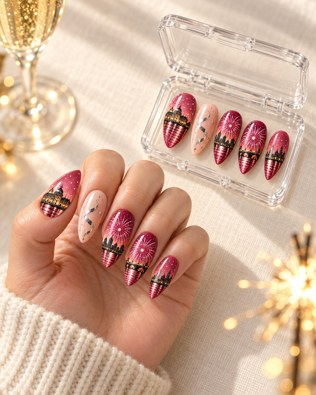 Rose Afterglow hand-painted press-on nails — lifestyle scene