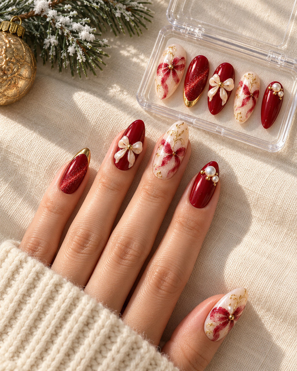 Gilded Knot hand-painted press-on nails — holiday lifestyle scene. Design preview.