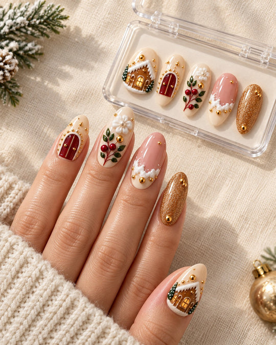 Snowfall Atelier Christmas styling with hand-painted nail set