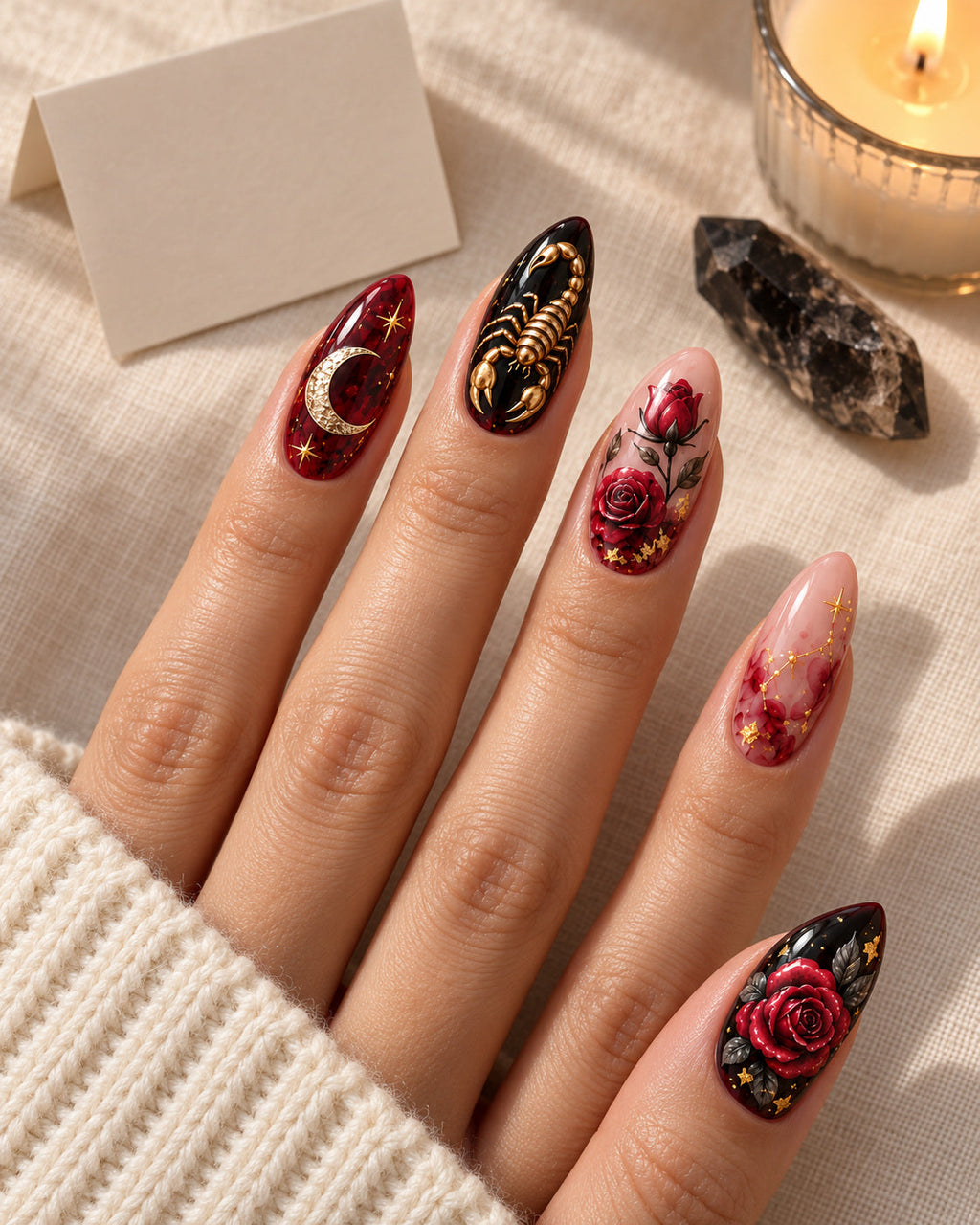 Scorpio Velvet Sting nails styled for a birthday gift