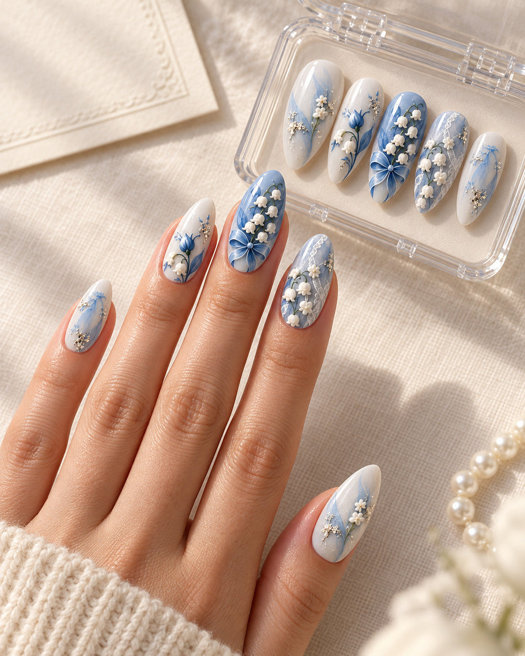 Blue Hour Veil hand-painted press-on nails — bridal lifestyle scene. Design preview.