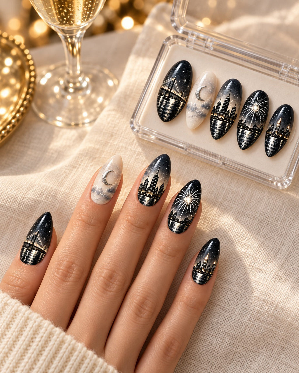 Silver Skyline hand-painted press-on nails worn on a hand, design preview