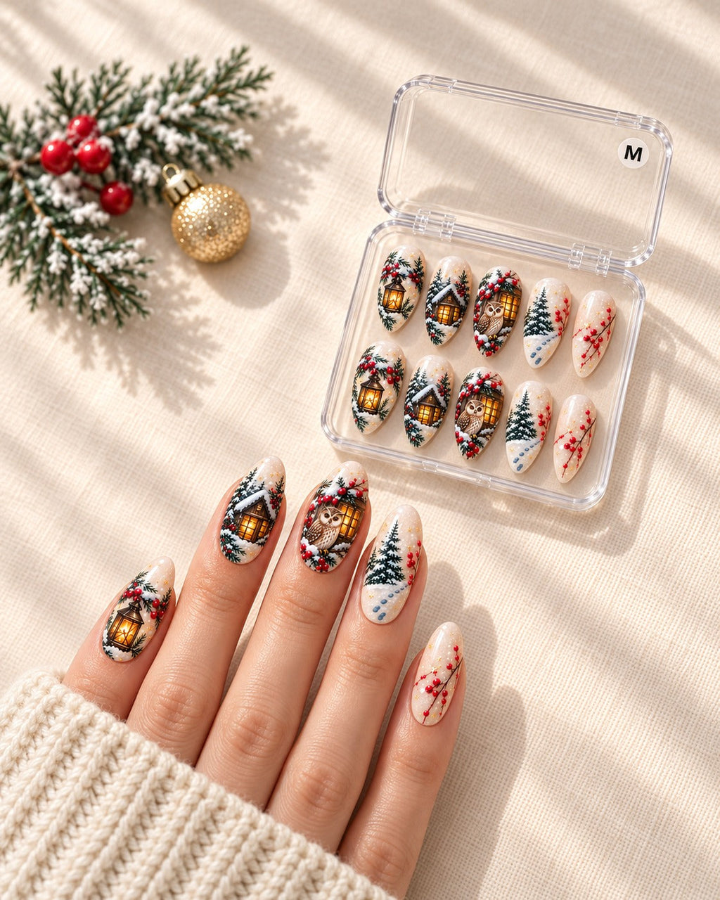 Owl Berry Watch hand-painted press-on nails — lifestyle scene
