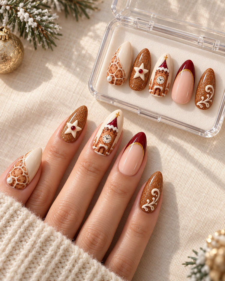 Clocktower Square Christmas styling with hand-painted nail set
