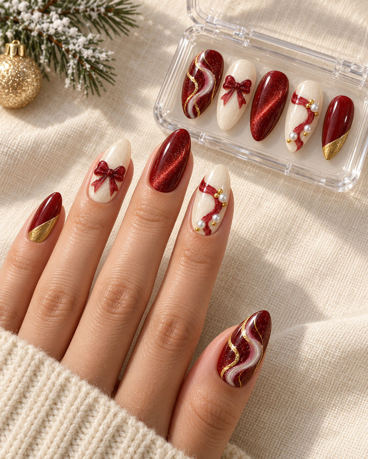 Midnight Ribbon hand-painted press-on nails — holiday lifestyle scene. Design preview.