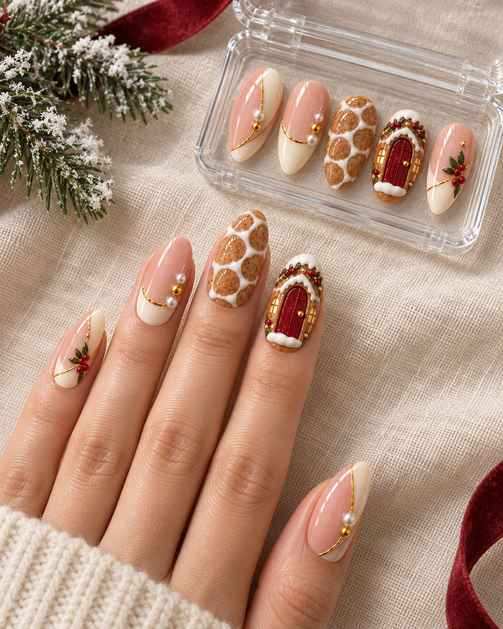Iced Cobblestone hand-painted press-on nails — holiday lifestyle scene. Design preview.