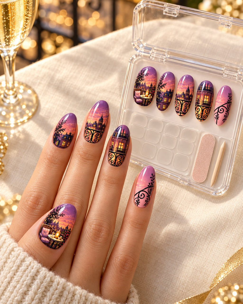 Balcony Hour hand-painted press-on nails — lifestyle preview