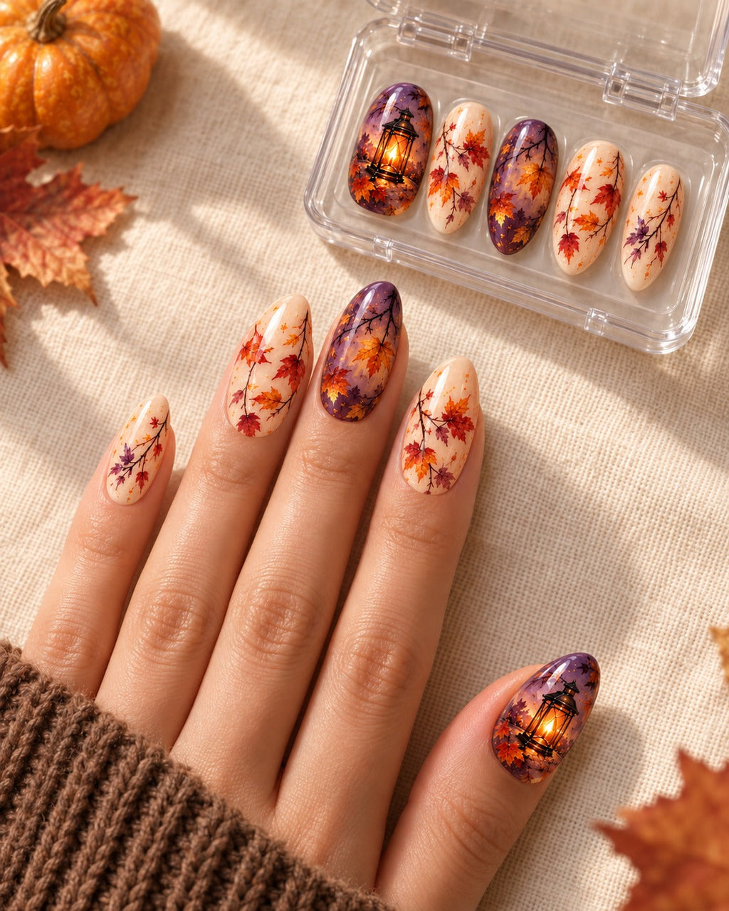 Amber Vigil hand-painted press-on nails worn on a hand, design preview