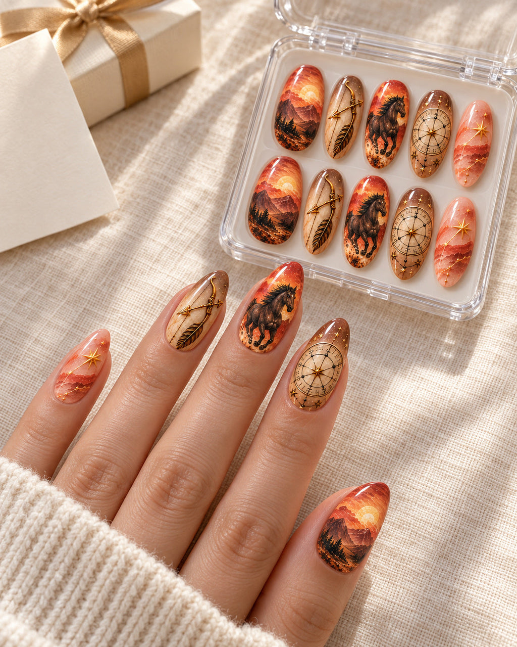 Sagittarius Ember Rider nails styled for a birthday gift