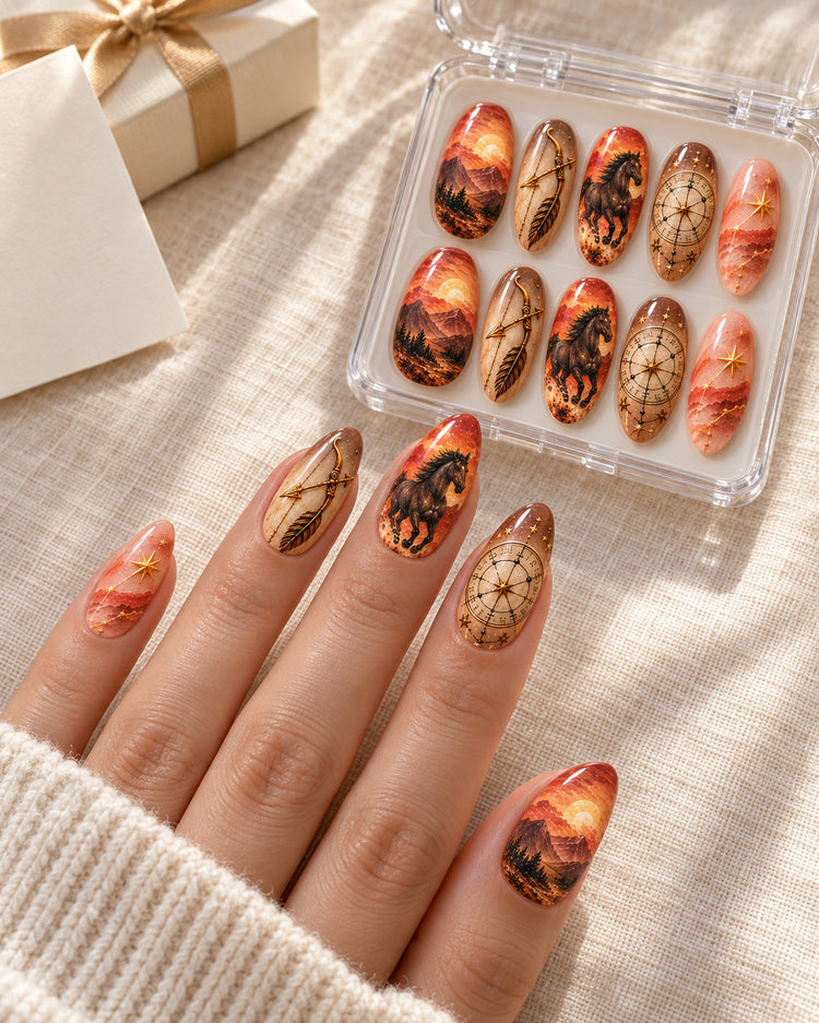 Sagittarius Ember Rider nails styled for a birthday gift