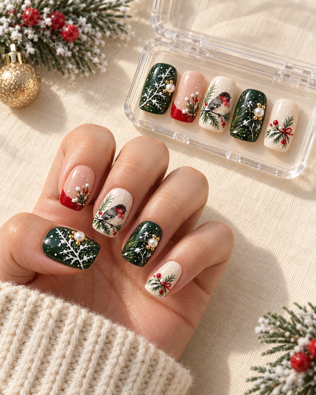 Winter Finch press-on nails styled for Christmas