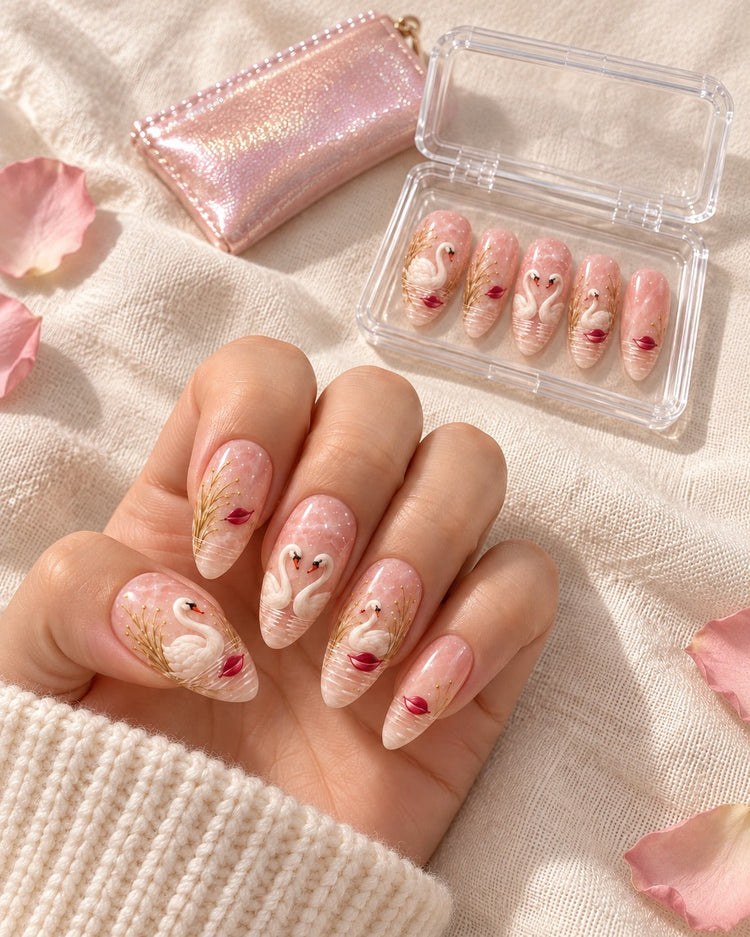 Winter Swans hand-painted press-on nails — lifestyle scene