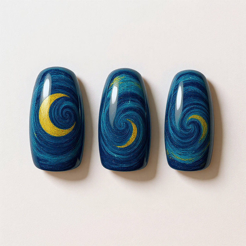Close-up of Van Gogh Starry Night Art Oval Medium Hand-Painted Press-On Nails — AI design preview