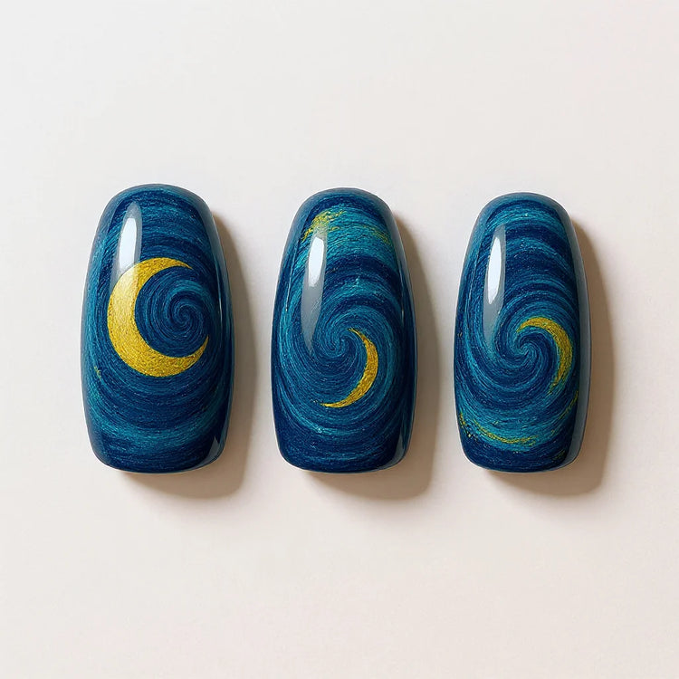Close-up of Van Gogh Starry Night Art Oval Medium Hand-Painted Press-On Nails