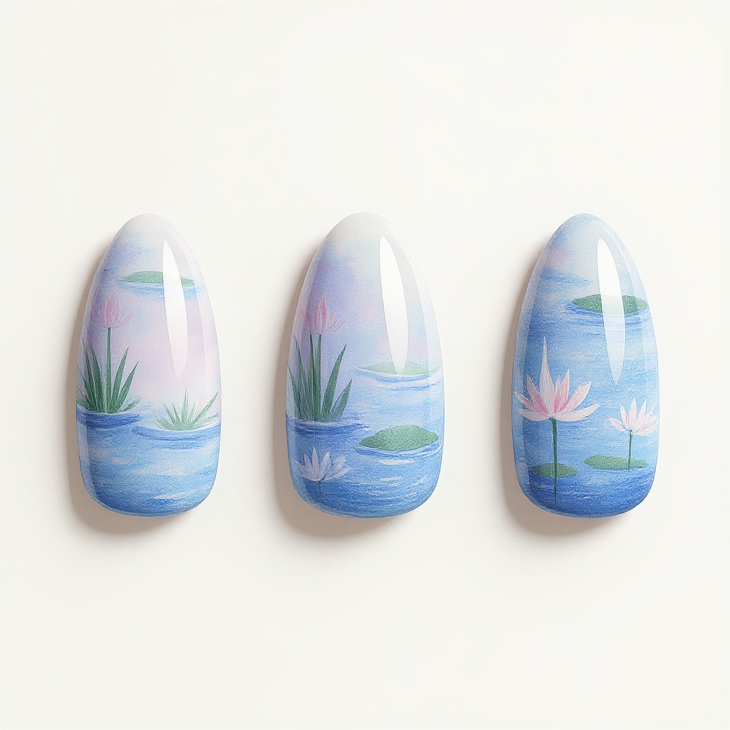 Close-up of Monet Water Lilies Art Almond Medium Hand-Painted Press-On Nails — AI design preview