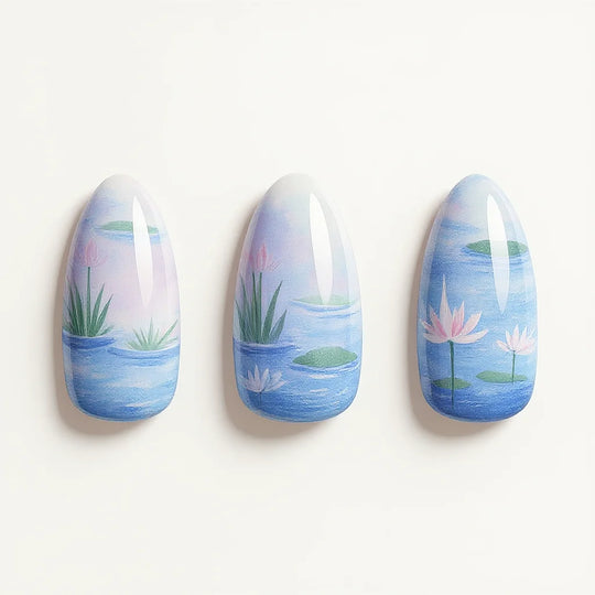 Close-up of Monet Water Lilies Art Almond Medium Hand-Painted Press-On Nails