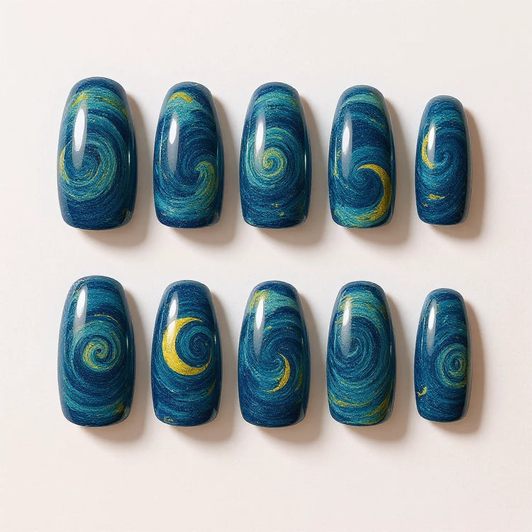 Full set of Van Gogh Starry Night Art Oval Medium Hand-Painted Press-On Nails